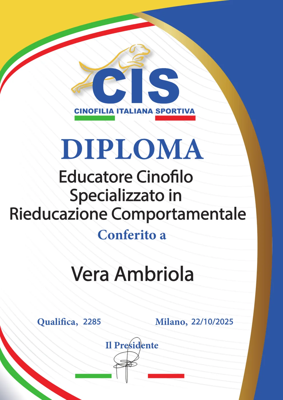 Attestato di Riabilitatore Comportamentale — Vera Ambriola
