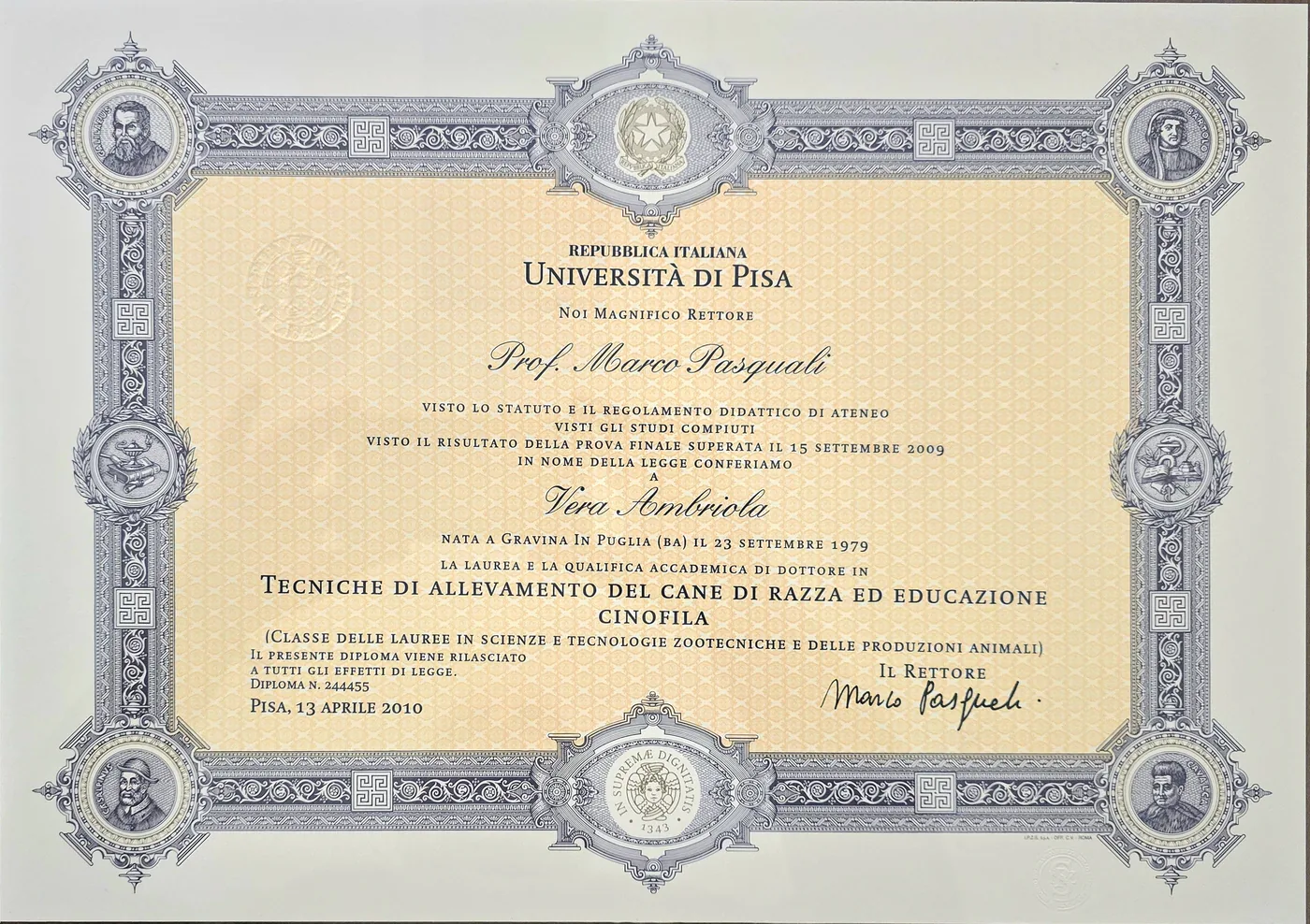 Attestato di Laurea — Università di Pisa — Vera Ambriola